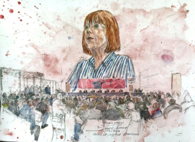 Un croquis de Gisèle Pelicot lors de l'audience qui a condamné son ex-mari à la peine maximale de 20 ans de prison, le 19 décembre 2024, à Avignon - Benoit PEYRUCQ (AFP)