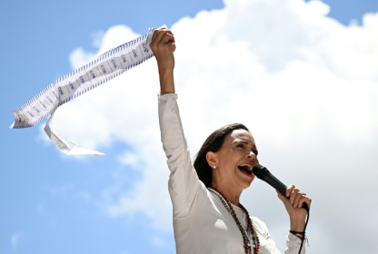 L'opposante vénézuélienne Maria Corina Machado, lors d'une manifestation à Caracas le 28 août 2024 - JUAN BARRETO (AFP) L'opposante vénézuélienne Maria Corina Machado, lors d'une manifestation à Caracas le 28 août 2024 - JUAN BARRETO (AFP)