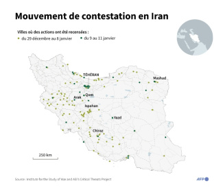 Carte localisant les dizaines de villes iraniennes où des actions de contestation ont été recensées entre le 29 décembre 2025 et le 11 janvier 2026 selon différentes sources vérifiées par l'ISW-CTP - Olivia BUGAULT, Sophie RAMIS, Julie PEREIRA (AFP)