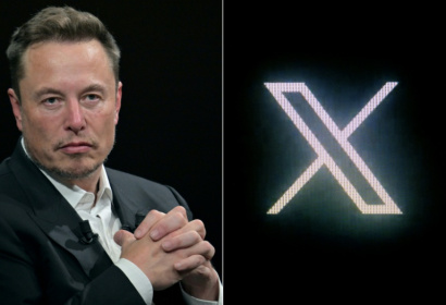 Le propriétaire de X Elon Musk, le 16 juin 2023 à Paris, et le logo du réseau, le 24 juillet 2023 - Alain JOCARD (AFP)