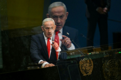 Le Premier ministre israélien Benjamin Netanyahu à la tribune de l'ONU, le 24 septembre 2026 à New York - ANGELA WEISS (AFP)